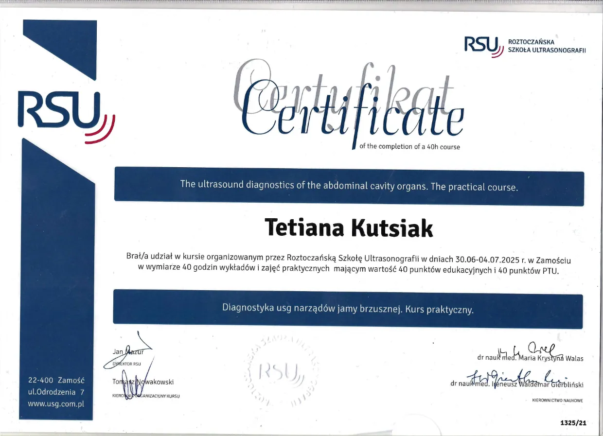 Certyfikat ukończenia szkolenia Tetiana Kutsiak